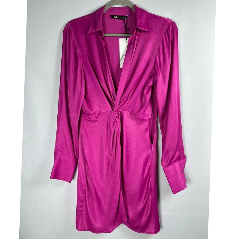 Zara Hot Pink Satin Shirt Dress XS Knot Front Long Sleeve Barbiecore Glam Party
